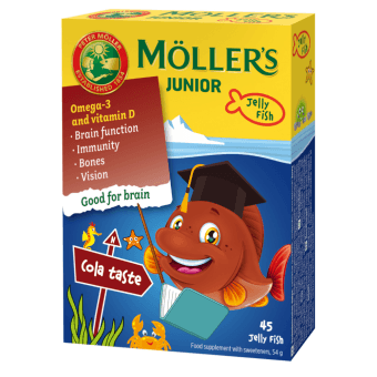 MOLLERS JUNIOR želejas zivtiņas ar kolas garšu, 45 košļājamās pastilas