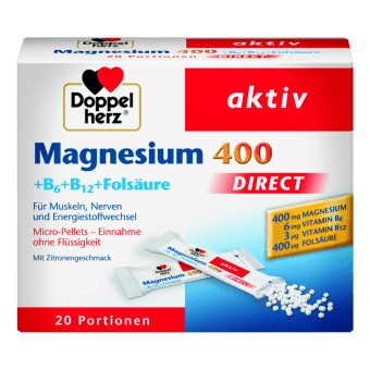 DOPPELHERZ AKTIV DIRECT Magnijs 400 + B6 + B12 + Folskābe, šķīstošas mikrogranulas, 20 paciņas